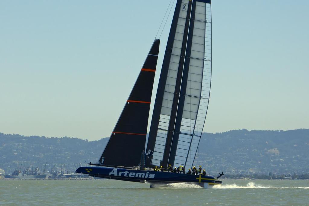 First foiling - Artemis Racing - Blue Boat - First Sail, July 24, 2013 © John Navas 